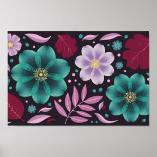 Elegant Floral with Teal and Purple Blossoms Poster