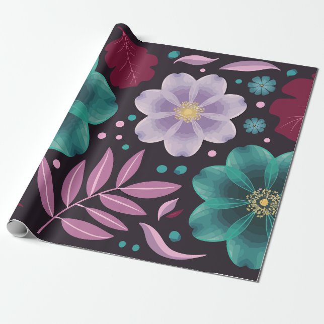 Elegant Floral with Teal and Purple Blossoms Wrapping Paper (Unrolled)