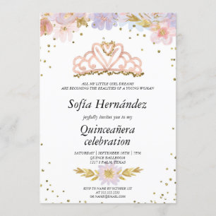 Elegant Floral with Tiara Quinceañera Invitation