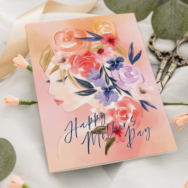 Elegant Floral Woman Watercolor Happy Mother's Day Card (Elegant Floral Woman Watercolor Happy Mother's Day Card)