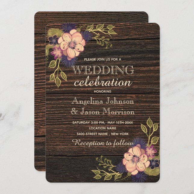 Elegant Floral Wood Wedding Invitation (Front/Back)