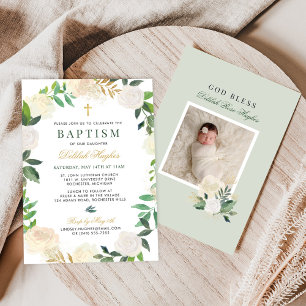Elegant Floral Wreath Baptism Baby Girl Green Gold Invitation