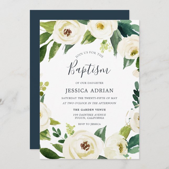 Elegant Floral Wreath Baptism Christening Invite (Front/Back)