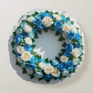 Elegant Floral Wreath Blue and White Roses Round Cushion