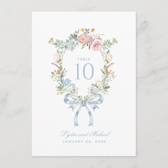 Elegant Floral Wreath Crest Monogram Table Number (Front)