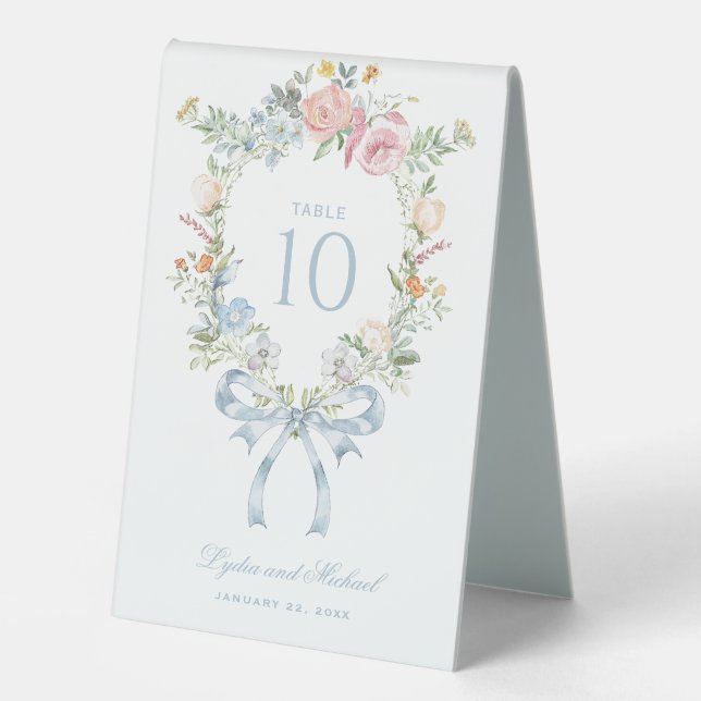 Elegant Floral Wreath Crest Monogram Table Number (Front)