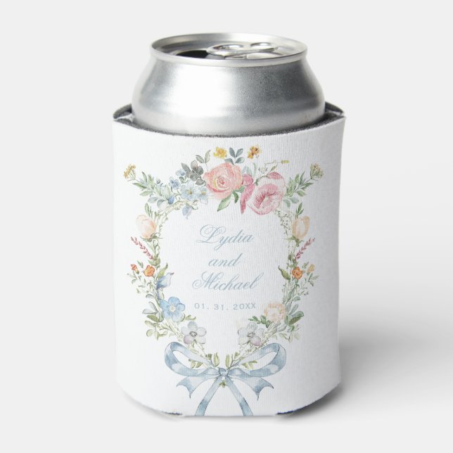 Elegant Floral Wreath Crest Monogram Wedding Can Cooler (Can Front)