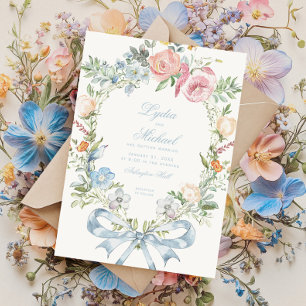 Elegant Floral Wreath Crest Monogram Wedding Invitation