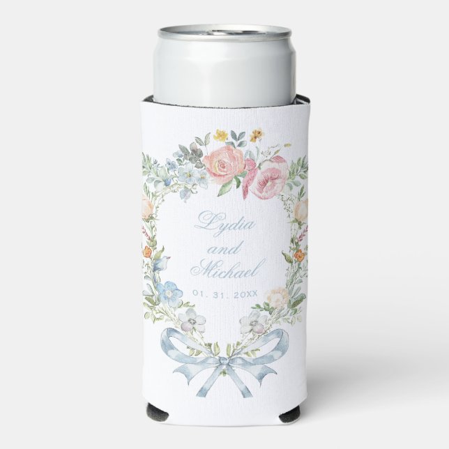 Elegant Floral Wreath Crest Monogram Wedding Seltzer Can Cooler (Seltzer Front)