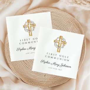 Elegant Floral Wreath Cross Girl First Communion Napkin