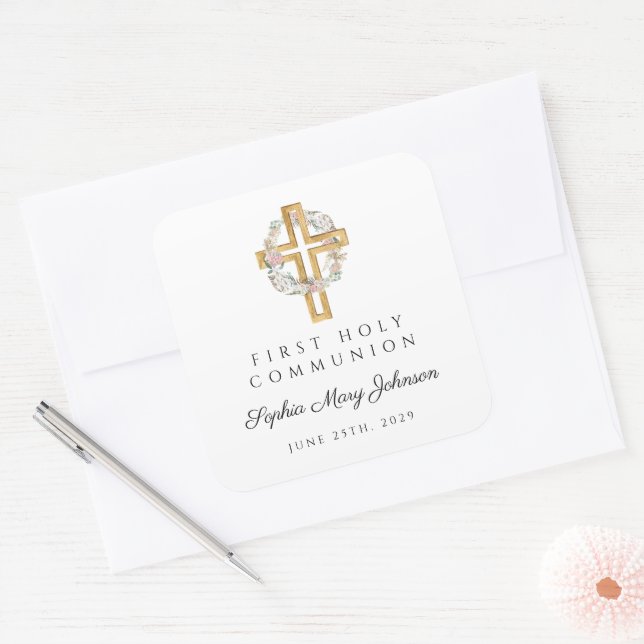 Elegant Floral Wreath Cross Girl First Communion Square Sticker (Envelope)