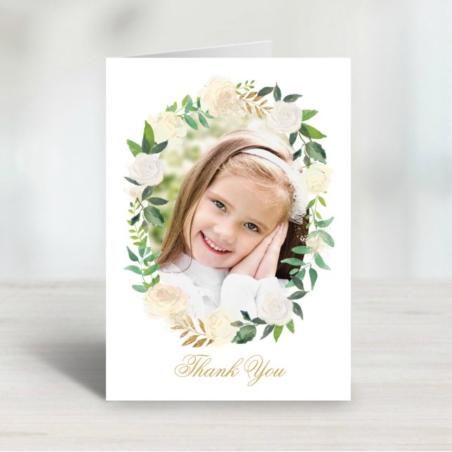 Elegant Floral Wreath First Communion Photo Thank You Card (Creator Uploaded)