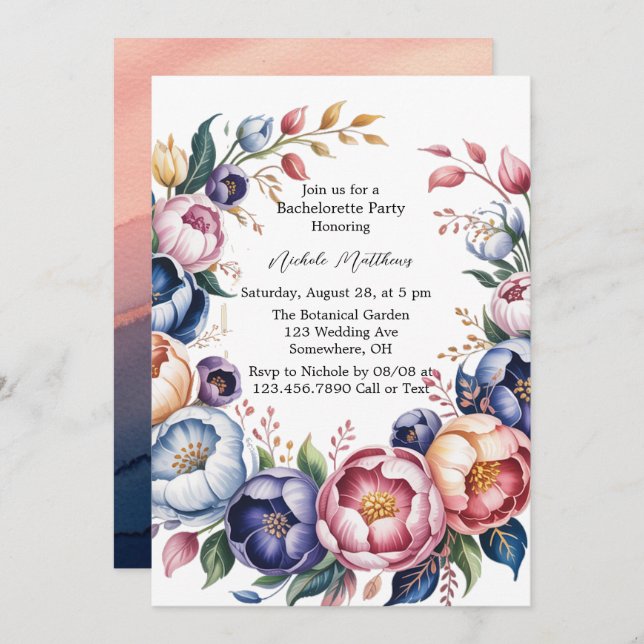 Elegant Floral Wreath For Bachelorette Party Invitation (Front/Back)