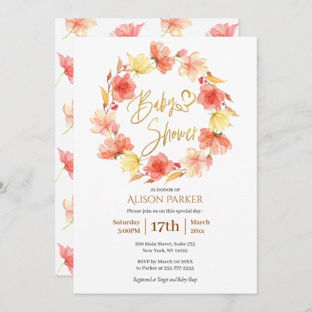 Elegant Floral Wreath Gold Script Watercolor Invitation (Front/Back)