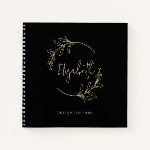 Elegant Floral Wreath Monogram Black Gold Notebook
