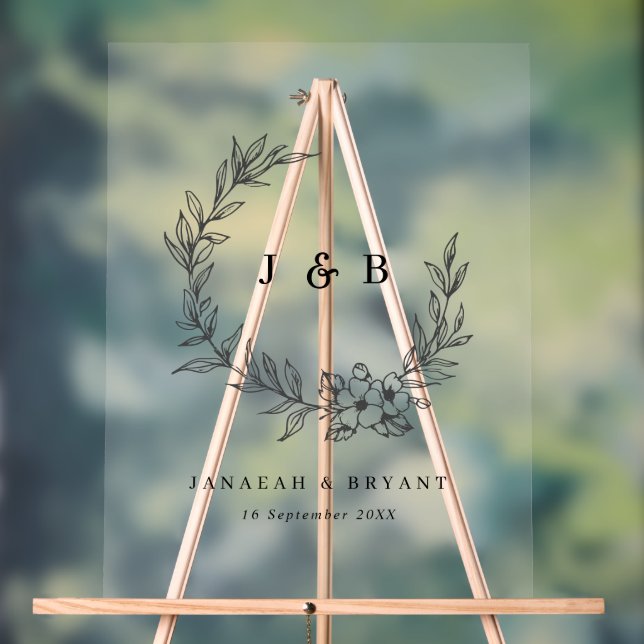 Elegant Floral Wreath Monogram Black Wedding  Acrylic Sign (Neutral)