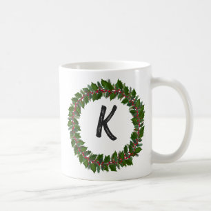 Elegant Floral Wreath Monogram Initial Christmas Coffee Mug
