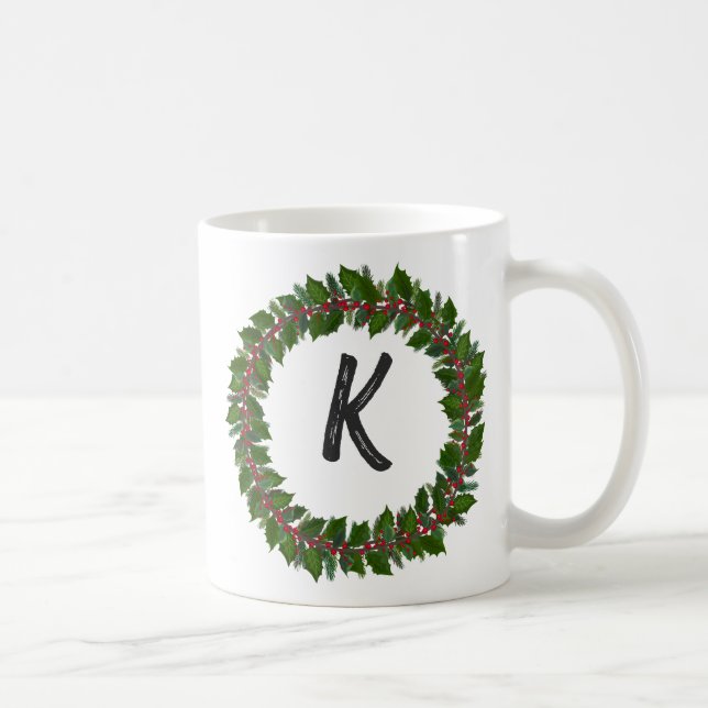 Elegant  Floral Wreath Monogram Initial Christmas  Coffee Mug (Right)