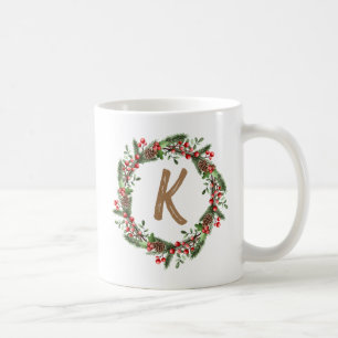Elegant  Floral Wreath Monogram Initial Christmas  Coffee Mug
