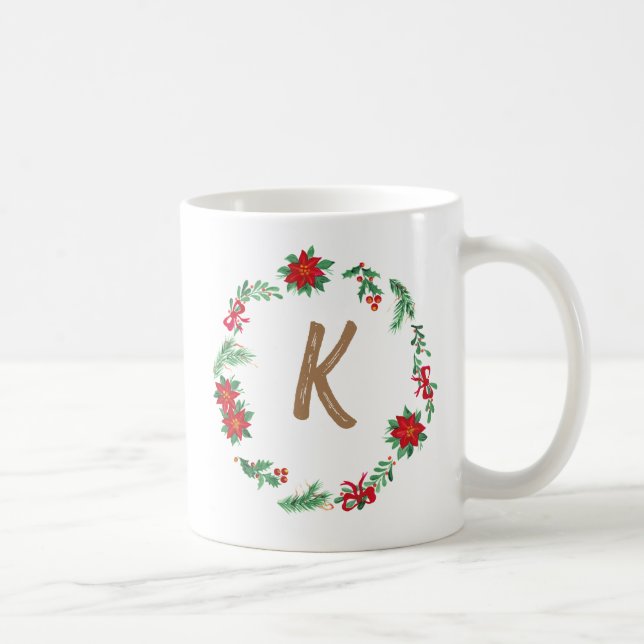 Elegant  Floral Wreath Monogram Initial Christmas  Coffee Mug (Right)