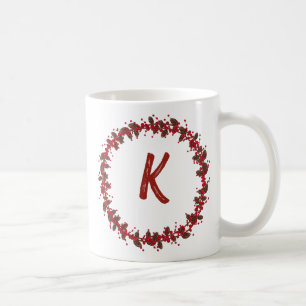Elegant Floral Wreath Monogram Initial Christmas Coffee Mug