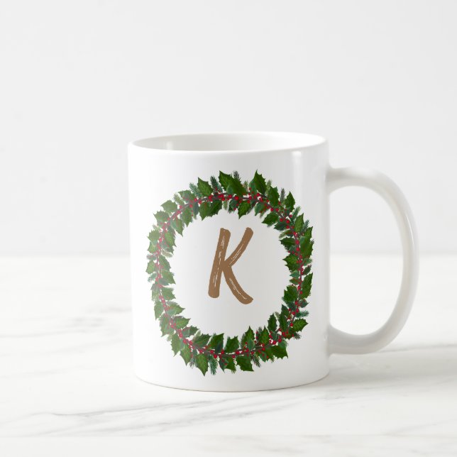 Elegant  Floral Wreath Monogram Initial Christmas  Coffee Mug (Right)