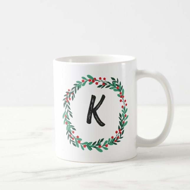 Elegant  Floral Wreath Monogram Initial Christmas  Coffee Mug (Right)