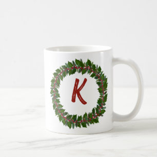 Elegant Floral Wreath Monogram Initial Christmas Coffee Mug