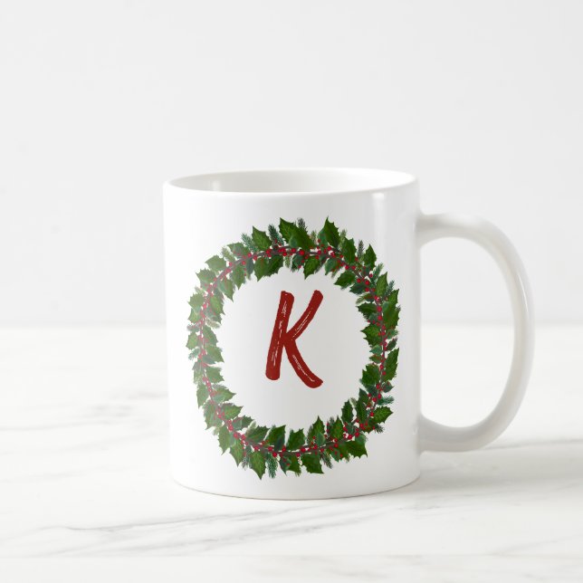 Elegant  Floral Wreath Monogram Initial Christmas  Coffee Mug (Right)