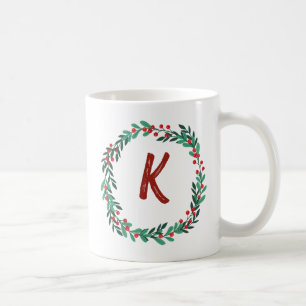 Elegant  Floral Wreath Monogram Initial Christmas  Coffee Mug