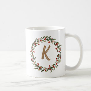 Elegant  Floral Wreath Monogram Initial Christmas  Coffee Mug