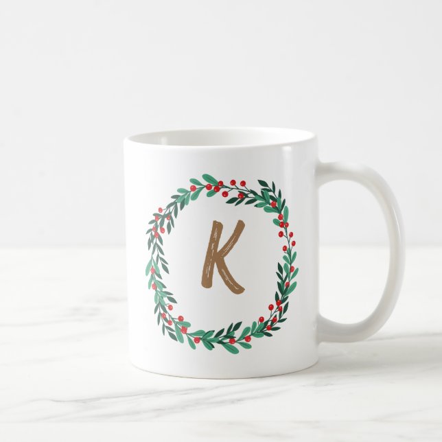 Elegant  Floral Wreath Monogram Initial Christmas  Coffee Mug (Right)
