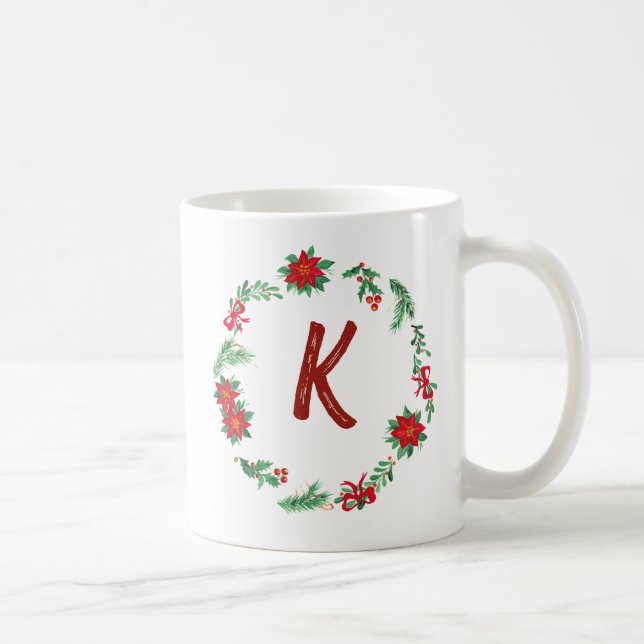 Elegant  Floral Wreath Monogram Initial Christmas  Coffee Mug (Right)