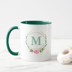 Elegant Floral Wreath Monogram Pink Rose Mug