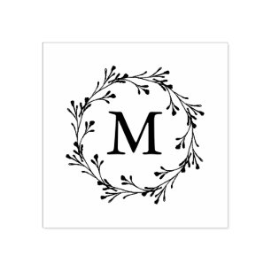 Elegant Floral Wreath Monogram Rubber Stamp