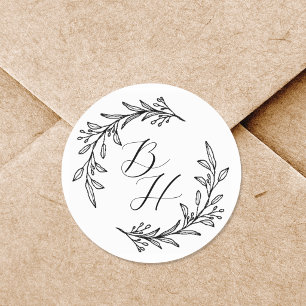 Elegant Floral Wreath Monogram Wedding  Classic Round Sticker