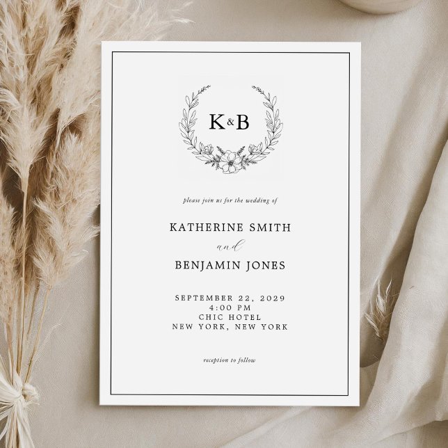 Elegant Floral Wreath Monogram Wedding Invitation (Creator Uploaded)