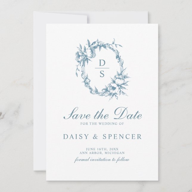 Elegant Floral Wreath Monogram Wedding Save The Date (Front)