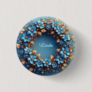 Elegant Floral Wreath of Blue and Golden Elements 3 Cm Round Badge