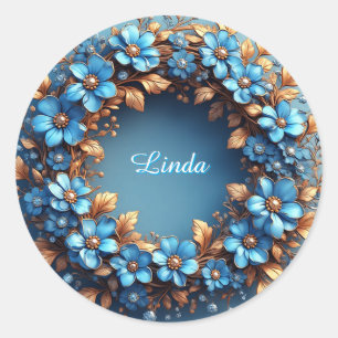 Elegant Floral Wreath of Blue and Golden Elements Classic Round Sticker