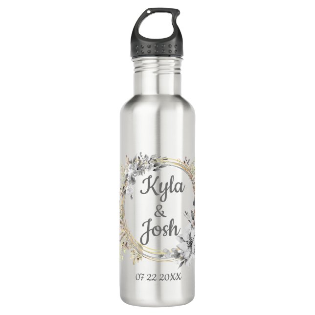 Elegant Floral Wreath Personalised Wedding  710 Ml Water Bottle (Front)