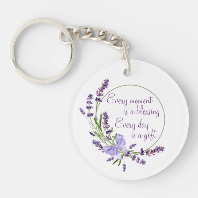 Elegant Floral Wreath Purple Flowers & Blessing Key Ring (Front)