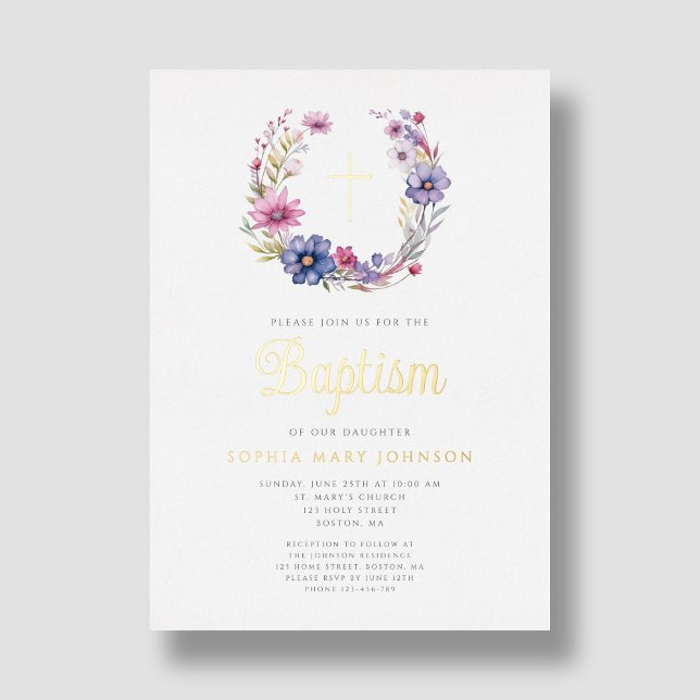 Elegant Floral Wreath Religious Cross Girl Baptism (Elegant Floral Wreath Religious Cross Girl Baptism Foil Invitation)