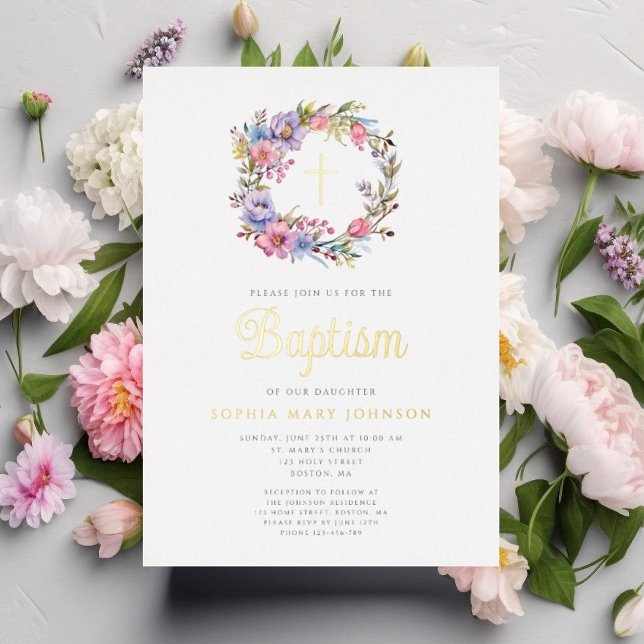 Elegant Floral Wreath Religious Girl Baptism Gold (Elegant Floral Wreath Religious Girl Baptism Gold Foil Invitation)