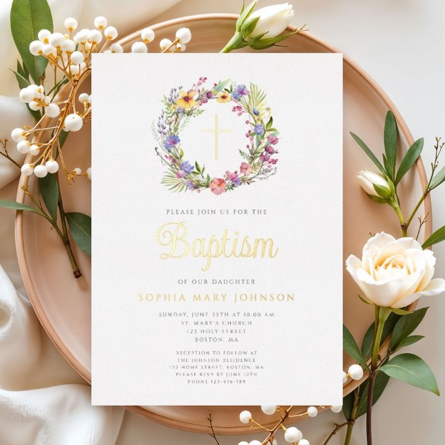 Elegant Floral Wreath Religious Girl Baptism Gold (Elegant Floral Wreath Religious Girl Baptism Gold Foil Invitation)