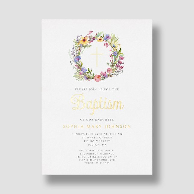 Elegant Floral Wreath Religious Girl Baptism Gold (Elegant Floral Wreath Religious Girl Baptism Gold Foil Invitation)