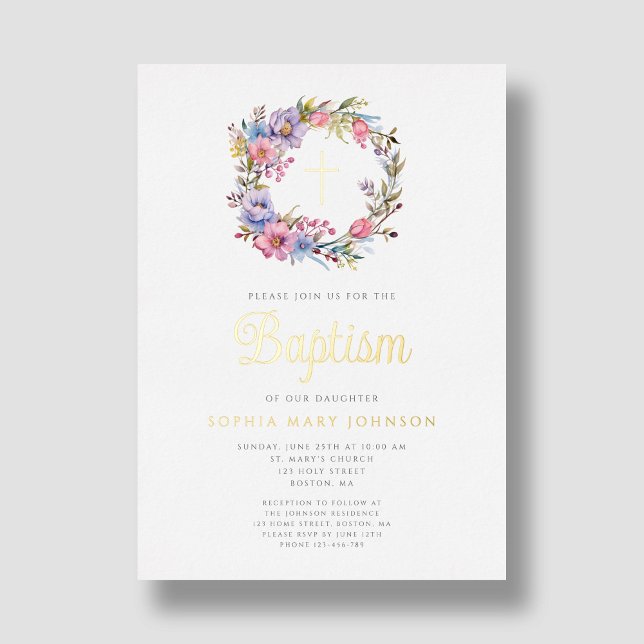 Elegant Floral Wreath Religious Girl Baptism Gold (Elegant Floral Wreath Religious Girl Baptism Gold Foil Invitation)