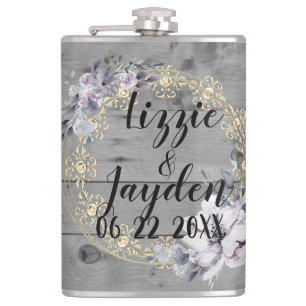 Elegant Floral Wreath Rustic Wedding    Hip Flask