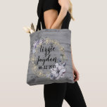 Elegant Floral Wreath Rustic Wedding Tote<br><div class="desc">On rustic grey wood is an elegant chic gold flourish combined with a lavender floral wreath where you can personalise it creating romantic farmhouse elegance</div>