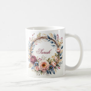 Elegant Floral Wreath Watercolor  Personalised Nam Coffee Mug